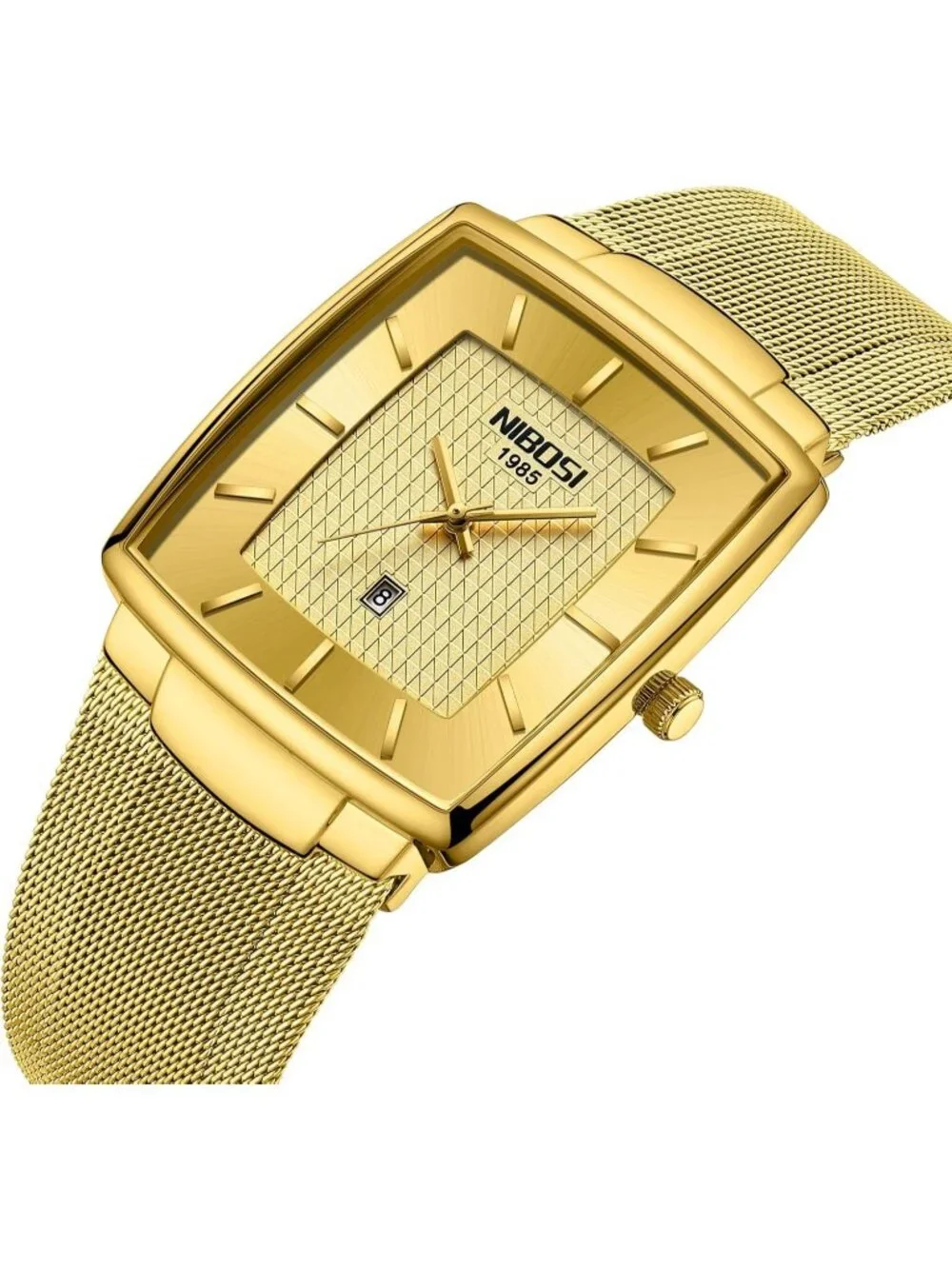 Nibosi Men's All Gold Square Analog Quartz Stainless Mesh Strap Waterproof Watch